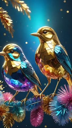 two colorful birds sitting on top of a branch next to each other in front of a blue background