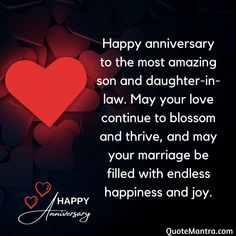 a red heart with the words happy anniversary to the most amazing son and daughter in law