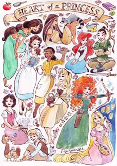 a drawing of princesses with their names and pictures on the front page, as well as some other characters