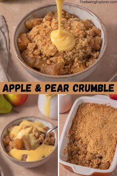 apples and pear crumbles are being poured into a casserole dish for dessert