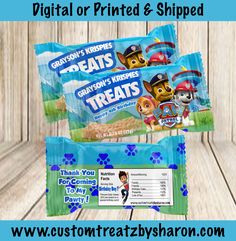 two bags of paw patrol treats are shown on a wooden background with the text, digital or printed & shipped