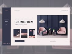 an image of a web page with furniture and lighting on the front, in dark blue tones