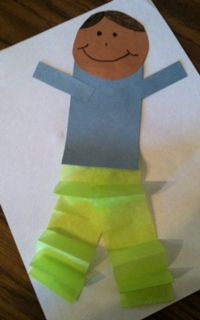 a child's paper cut out of a man with green pants and blue shirt