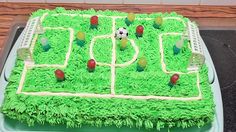 a cake that is shaped like a soccer field