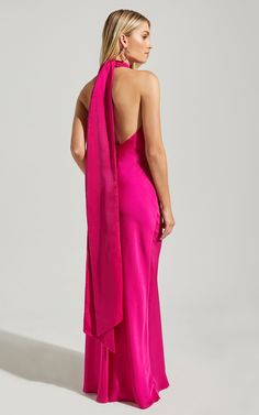 Alycia Maxi Dress - High Neck Tie Back Slip in Pink | Showpo USA High Neck Pink Dress, Pink Maxi Dress Formal, Magenta Prom Dresses, High Neck Formal Dress, Dark Pink Maxi Dress, Magenta Bridesmaid Dresses, Magenta Prom Dress, High Neck Dress Formal, Hot Pink Bridesmaid Dresses