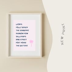 a framed print with the words lemons, jelly beach and rainbow row on it