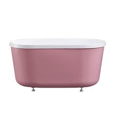 a pink bath tub sitting on top of a white floor