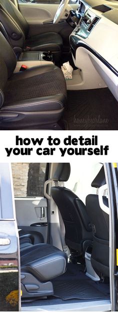 the inside and outside of a car with seats in it