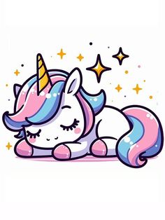 a cartoon unicorn laying on its side with stars around it's head and eyes