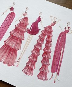 three dresses are drawn on paper with colored pencils and watercolor paints, one in pink the other in red