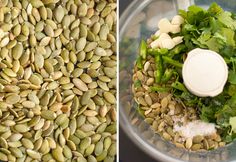 two pictures side by side one with green vegetables and the other has sunflower seeds in it