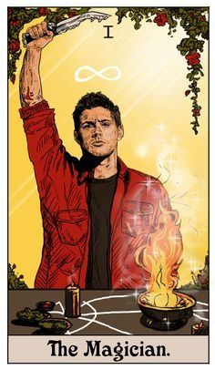 the magician tarot card with an image of a man holding a knife and fire