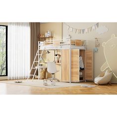 a child's bedroom with a loft bed, desk and ladder to the ceiling