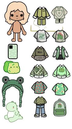 the paper doll has many different clothes and accessories on it's back side, including an