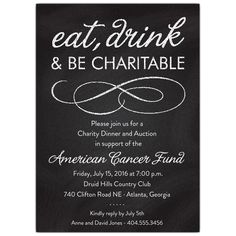 the eat drink and be chartable party card is shown in white ink on black paper