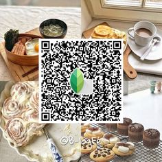 a table topped with pastries and cupcakes next to a qr code