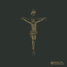 the crucifix is shown in gold on a black background with an inscription below it