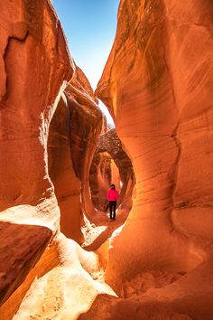 a person standing in the middle of a narrow slot between two large rock formations, with sunlight shining on them