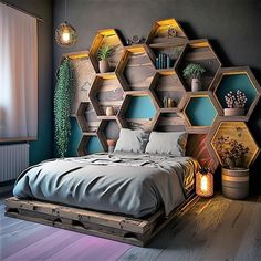 a bedroom with hexagonal shelves on the wall