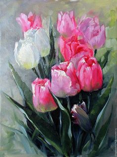 a painting of pink and white tulips in a vase on a gray background