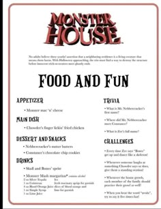 the monster house food and fun menu is shown in black and white, with red lettering