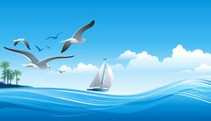 seagulls flying over the ocean with sailboats and palm trees