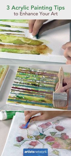 the process of painting flowers with acrylic paint on canvases is shown here