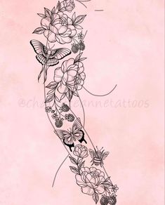 a tattoo design with flowers and butterflies on it