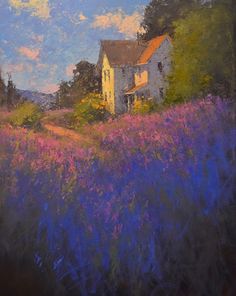 an oil painting of a house in the middle of a field with wildflowers