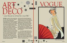 an article in the art deco magazine features a woman with a red umbrella and text