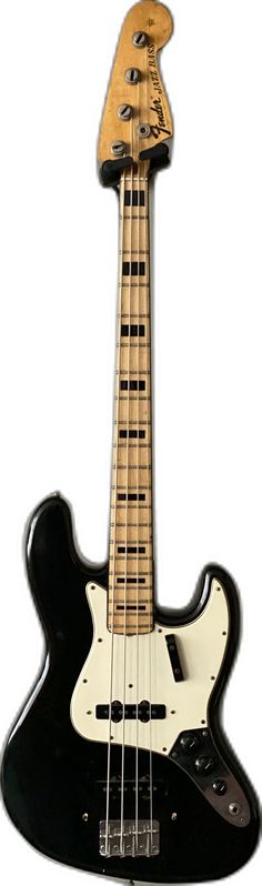 an electric bass guitar is shown against a white background