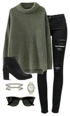 Chic Bob, Trendy Winter Fashion, Olive Sweater, Pullovers Outfit, Stil Boho, Pullover Outfit, Black Ripped Jeans, Chic Sweaters, Winter Trends