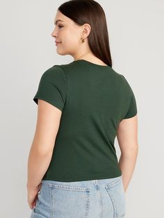 Cropped Slim-Fit T-Shirt for Women | Old Navy Green Scoop Neck T-shirt For Everyday, Fitted Ribbed Crew Neck T-shirt, Fitted Casual Cropped T-shirt With Crew Neck, Everyday Ribbed T-shirt, Casual Ribbed Cropped Cotton T-shirt, Basic Scoop Neck T-shirt With Ribbed Neckline, Casual Stretch Crew Neck T-shirt, Fitted Short Sleeve Top With Ribbed Neckline, Fitted Short Sleeve Basic T-shirt