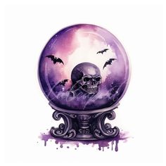 a watercolor painting of a skull in a glass ball with bats flying around it