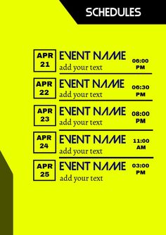 a yellow and black poster with the words event name, date and time on it