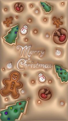 a merry christmas card with cookies and trees