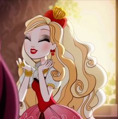 a cartoon girl with long blonde hair wearing a red dress and gold jewelry, standing in front of a window