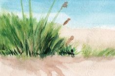 watercolor painting of grass and birds flying in the sky above sand dunes on a beach