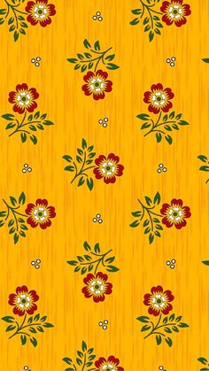 a yellow background with red flowers and green leaves