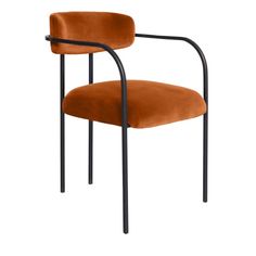 an orange chair with black metal frame and armrests, viewed from the front