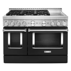 Satisfy your craving to create with a 48-inch KitchenAid® Commercial-Style Range with Even-Heat™ Chrome Electric Griddle. This 6-burner gas range features two versatile 20, 000 BTU Ultra Power™ Dual-Flame Burners with the power and precision to successfully sear, simmer, stir-fry and sauté. The double oven with Even-Heat™ True Convection helps you achieve more consistent baking and roasting. KitchenAid 48-in 6 Burners 4.1-cu ft / 2.2-cu ft Self-cleaning Convection Freestanding Smart Double Oven Freestanding Double Oven, Gas Range Double Oven, Double Oven Range, Cleaning Oven Racks, Convection Range, Self Cleaning Ovens, Electric Griddle, Dual Fuel Ranges, Large Oven