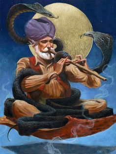 a painting of an old man playing the flute with two snakes on his shoulder and one snake on his arm