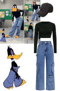 a woman in black shirt and blue jeans with donald duck