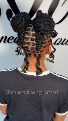 Loc Updos For Long Hair, Basic Loc Retwist Style, Loc Two Ponytail Styles, Two Buns With Locs, Two Braid Loc Styles, Hoco Loc Styles, Hair Styles For Locs Long, Women Barrel Loc Styles, Natural Loc Styles For Black Women