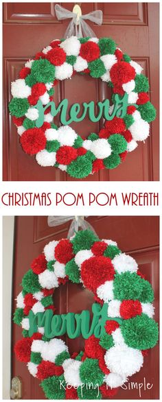 christmas pom - pom wreath with the words merry written in green, red and white