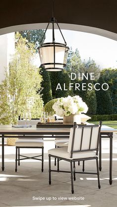 an outdoor dining table and chairs with the words dine alpesco above it