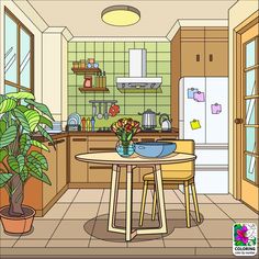 a kitchen with a table and potted plants