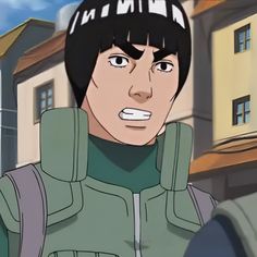 an anime character with black hair wearing a green jacket in front of some buildings and blue sky