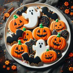 decorated halloween cookies on a white plate with sprinkles and orange pumpkins