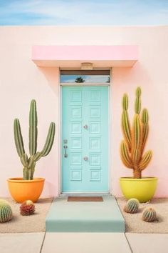 two cactus plants are sitting in front of a blue door and pink wall with white trim